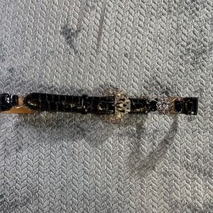 Brighton Black Croc Embossed Leather Belt Silver Rhinestone Buckle Size 36